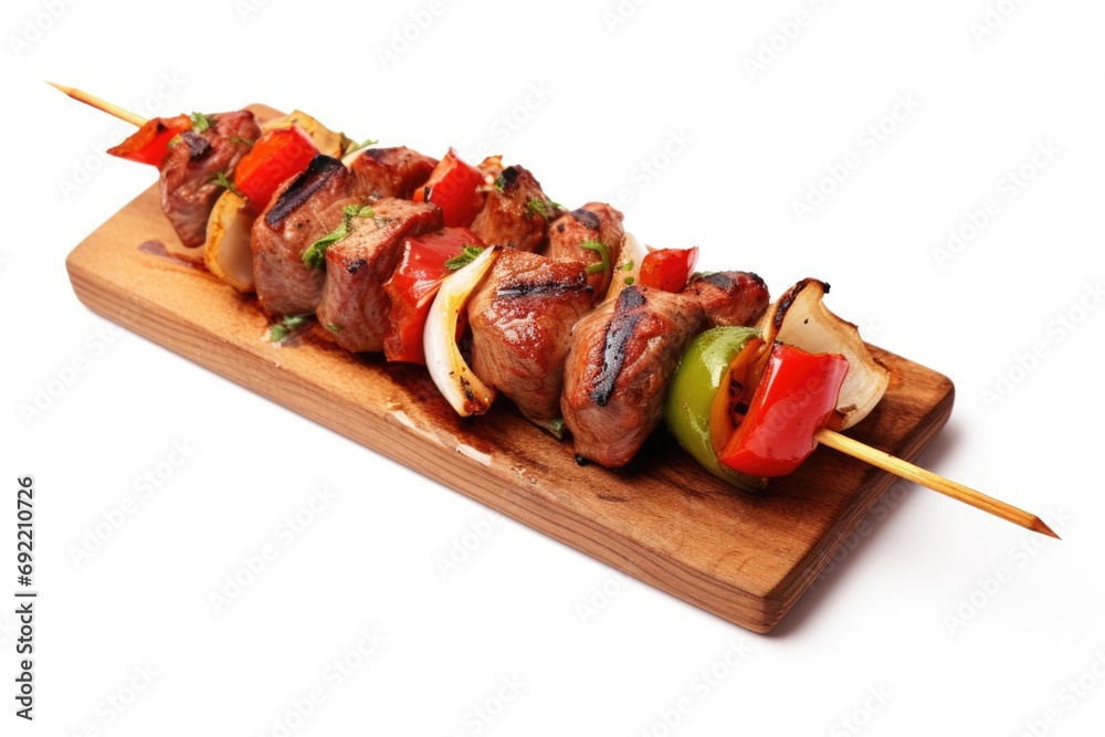 Poster A detailed view of a skewer featuring a combination of meat and vegetables. Perfect for grilling enthusiasts or food-related projects