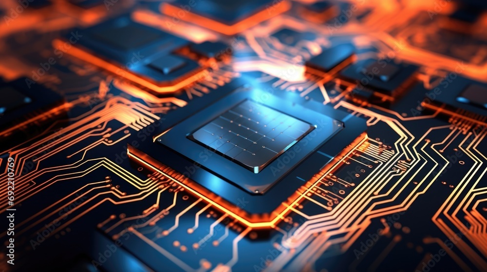 Poster A detailed close-up view of a computer chip on a circuit board. This image can be used to illustrate technology, electronics, or the inner workings of a computer system