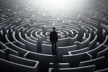 A man standing in front of a circular maze. Perfect for illustrating problem-solving, challenges, and finding the right path