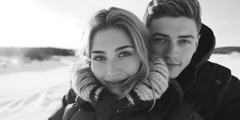 A man and a woman posing for a picture in the snow. Ideal for winter-themed projects