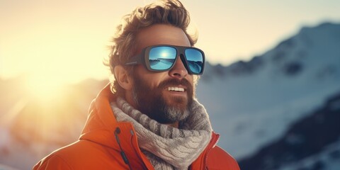 A man with a beard wearing sunglasses and a scarf. Suitable for fashion, winter, and outdoor lifestyle themes - obrazy, fototapety, plakaty