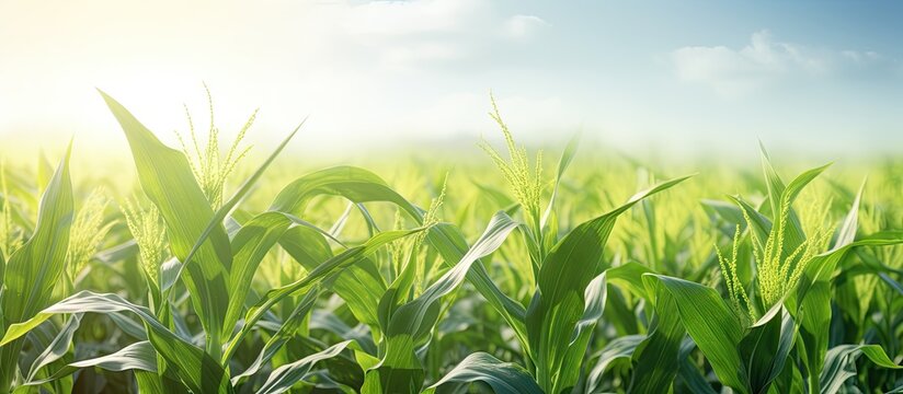 agricultural field where maize is grown Immature harvest green closeup. Copy space image. Place for adding text or design