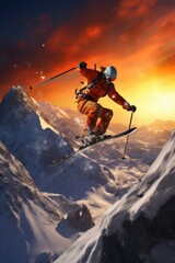 A person on skis jumping over a snowy mountain. Perfect for winter sports and adventure themes - obrazy, fototapety, plakaty