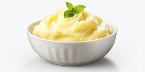 A delicious bowl of mashed potatoes topped with a fresh sprig of mint. Perfect for a comforting meal or as a side dish. - obrazy, fototapety, plakaty