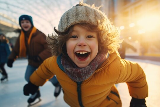 A young boy is captured in the midst of laughter while skating. This image can be used to depict joy, happiness, and the excitement of outdoor activities