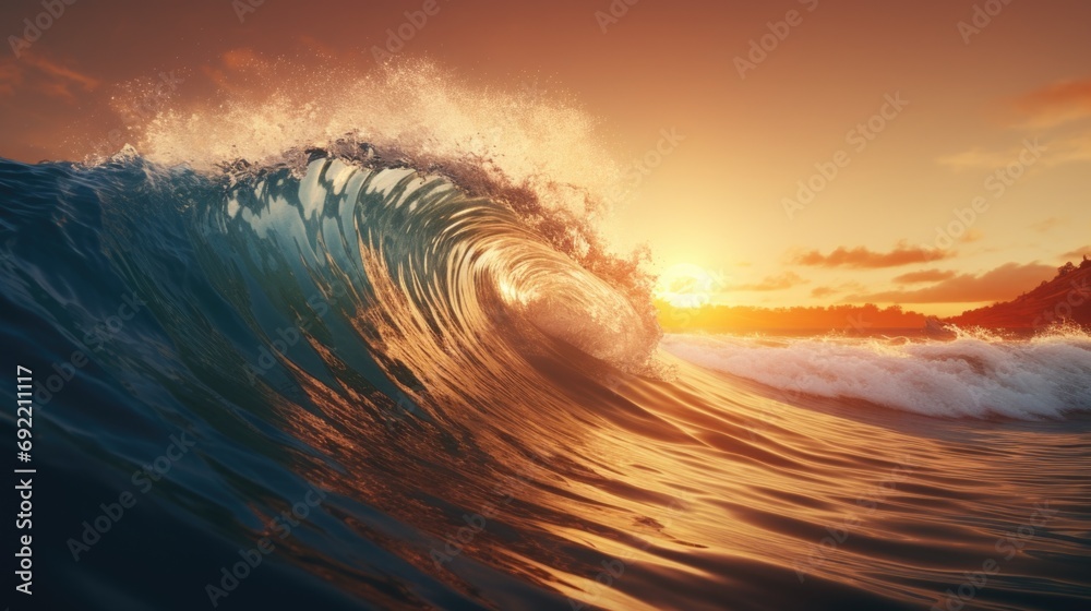 Poster a stunning image capturing a large wave in the ocean at sunset. perfect for beach and nature-related