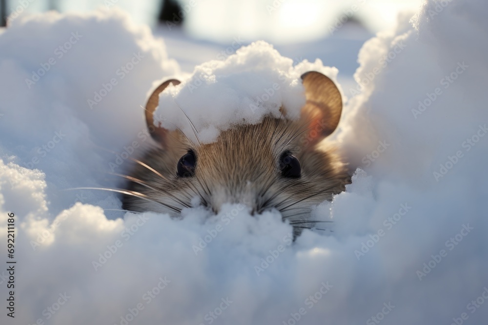 Poster a cute brown and white mouse is seen peeking out of the snow. this image can be used to depict the c