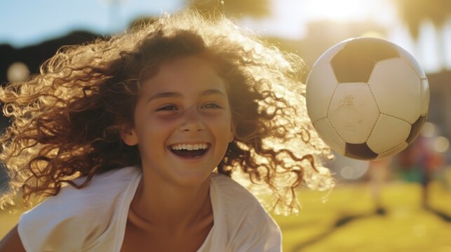 A young girl is pictured playing with a soccer ball. This versatile image can be used to represent sports, recreation, childhood, and active lifestyle