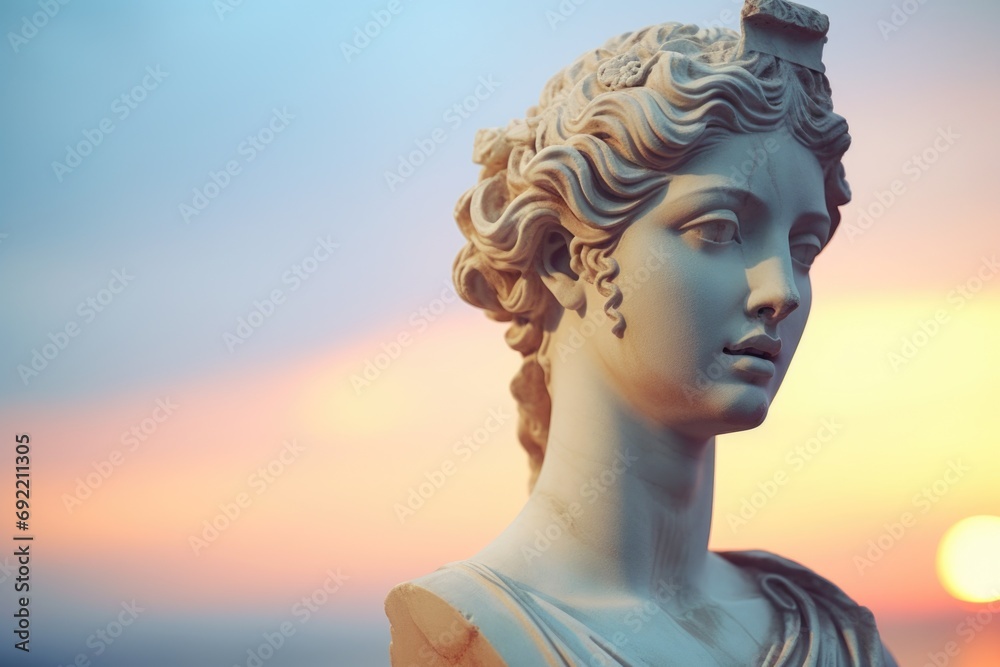Poster A close up view of a statue of a woman. Perfect for adding a touch of elegance to any project