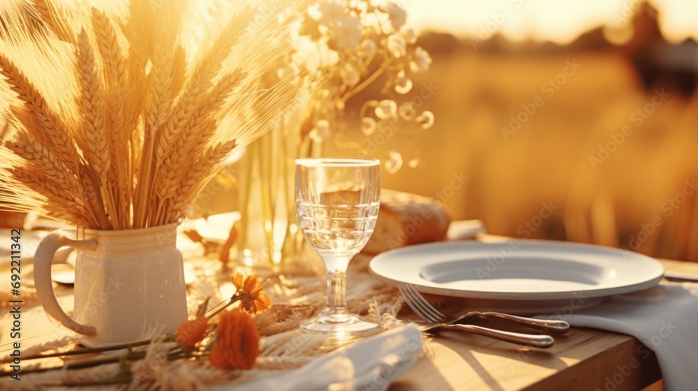 Poster a table featuring a vase of flowers and a plate of delicious food. perfect for showcasing a beautifu