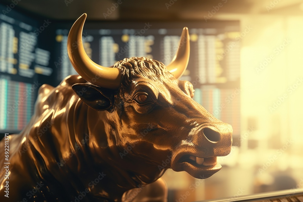Poster A statue of a bull positioned in front of a computer screen. This image can be used to represent the stock market, financial technology, or the concept of technology in business