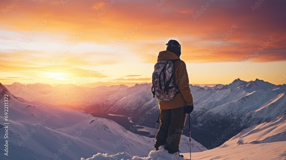 Canvas Prints A man standing on top of a snow-covered mountain. Perfect for adventure, nature, and exploration themes