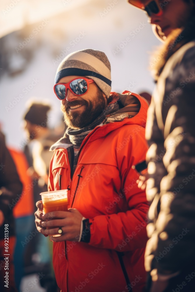 Poster a man wearing a red jacket holding a drink in his hand. suitable for various contexts