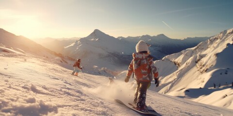 Fototapeta premium A person riding a snowboard down a snow covered slope. Perfect for winter sports or outdoor adventure concepts