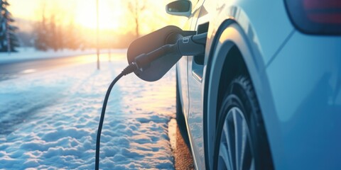An electric car is parked at a charging station in the snow. This image can be used to illustrate eco-friendly transportation and the use of electric vehicles in winter conditions - obrazy, fototapety, plakaty