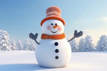 Obraz premium A snowman wearing a hat and scarf stands in the snow. Perfect for winter-themed designs or holiday projects