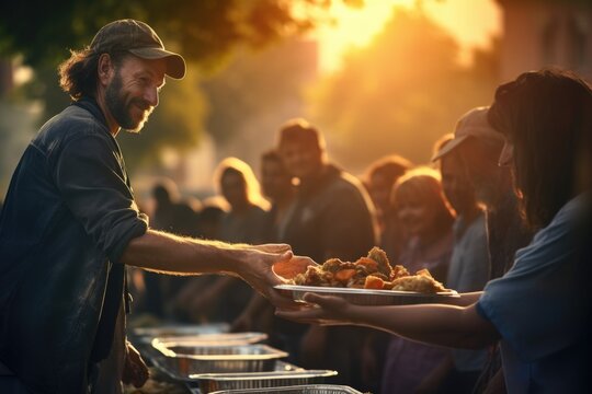 A man is handing food to a woman. This image can be used to depict acts of kindness, sharing, or a romantic dinner