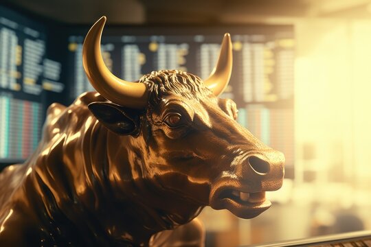 A statue of a bull positioned in front of a computer screen. This image can be used to represent the stock market, financial technology, or the concept of technology in business