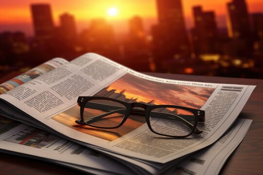 A pair of glasses sits on top of a stack of newspapers. This image can be used to represent reading, news, information, or staying informed
