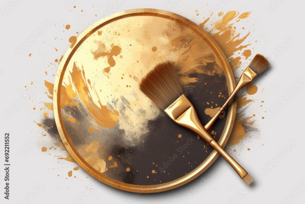 Poster a paintbrush and a brush placed on a shiny gold plate. ideal for art and design projects