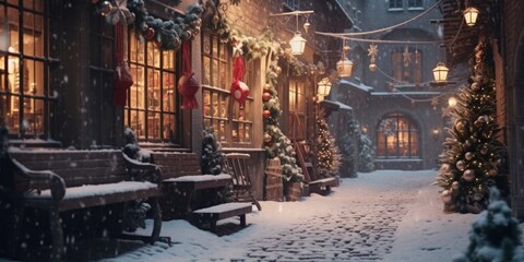 A picture of a snow covered street with benches and lights. This image can be used to depict a winter scene or a festive holiday atmosphere