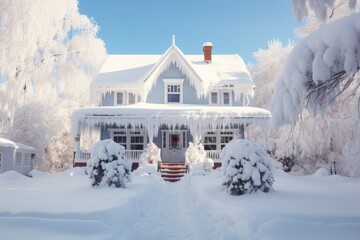 A snowy winter scene with a white house covered in snow and icicles. Perfect for winter-themed...
