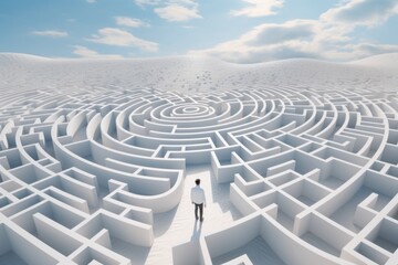 A man standing in a maze with a sky background. Can be used to represent challenges, problem-solving, or finding one's way in life