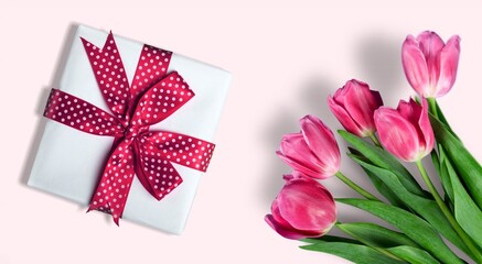 Mother's Day, gift boxes with bows and bouquet of  tulips