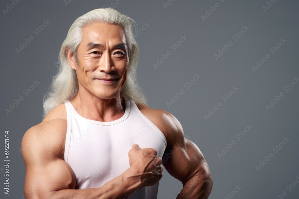 Poster a man posing for a picture in a white tank top. suitable for various applications