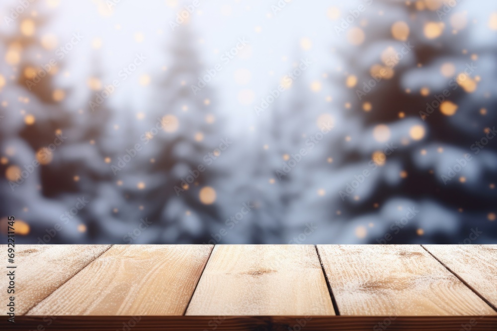 Poster A wooden table with a blurred background. Perfect for adding a rustic touch to your designs