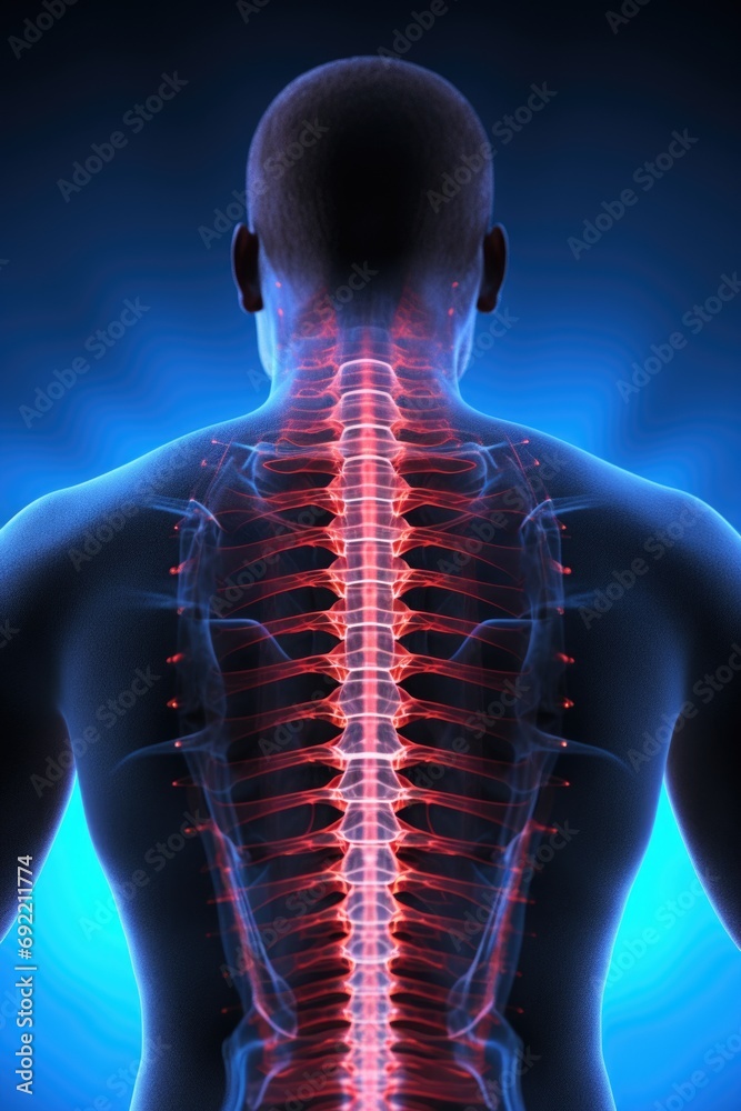 Poster A close-up view of the back of a man with a highlighted spine. This image can be used to illustrate medical conditions, spinal health, or anatomy