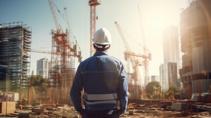 A man wearing a hard hat standing in front of a construction site. Suitable for construction industry-related projects
