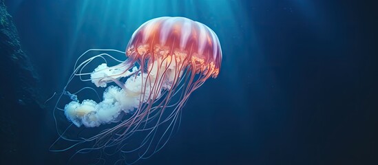 Obraz premium big glowing jellyfish in a deep water of ocean. Copy space image. Place for adding text or design