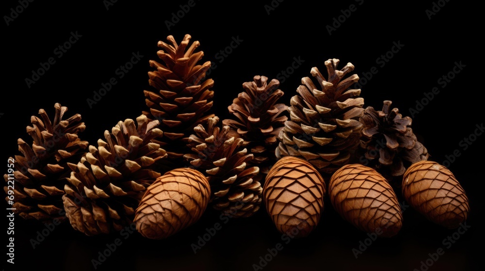 Poster a group of pine cones sitting next to each other. can be used for nature-themed designs or as a symb