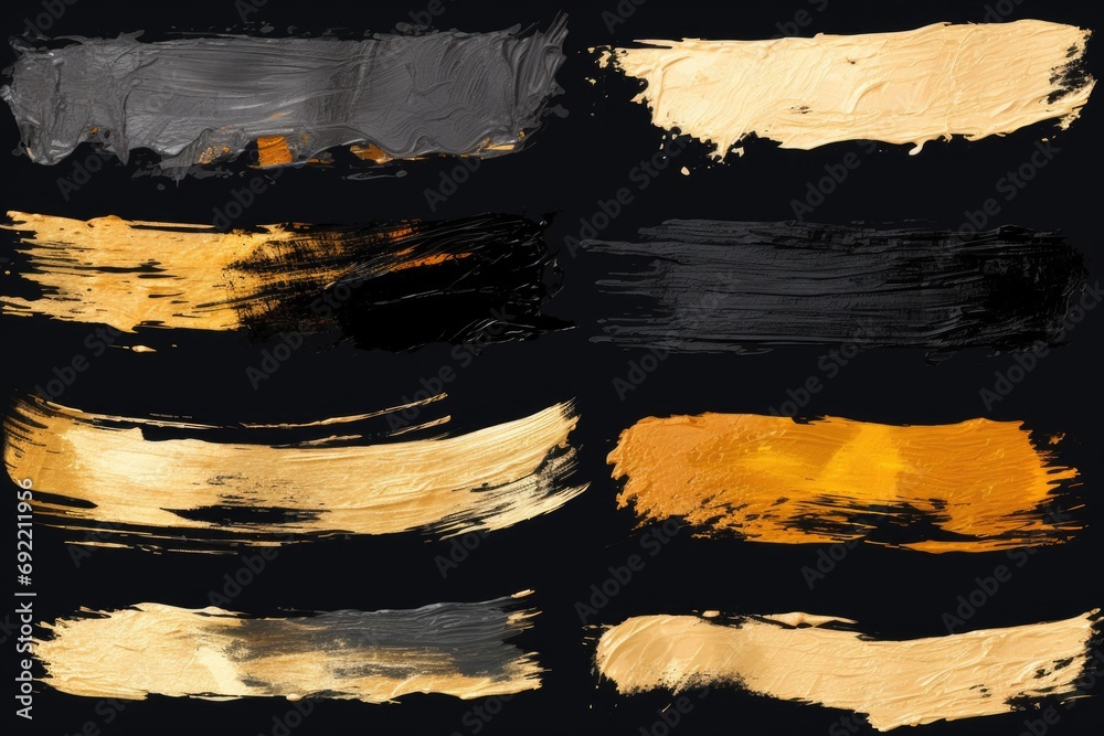 Poster various paint strokes in different colors and shapes on a black background. suitable for artistic pr