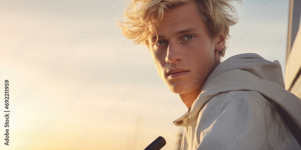 Poster a man wearing a white jacket leaning against a wall. suitable for various concepts and themes