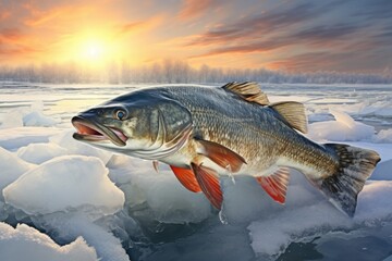 A picture of a large fish standing on a sheet of ice. Perfect for winter themes and aquatic wildlife concepts