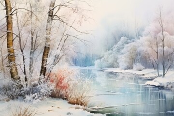 Obraz na płótnie Canvas A painting of a river in a snowy forest. Perfect for winter-themed designs and nature-inspired projects