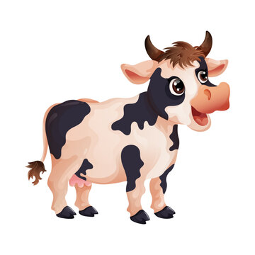 Cute colorful cartoon smiling cow for children that stands sideways on a white background 