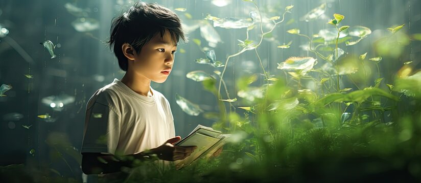 Asian boy holds freshwater algae that grows naturally in a river Idea for studying nature environmental conservation and observed the effect of higher temperature on the growth of underwater pl