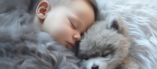 Baby sleeping on gray fur with stuffed animal. Copy space image. Place for adding text or design