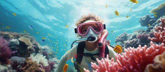Back view of full body anonymous kid traveler in diving mask and flippers swimming underwater and enjoying beautiful coral reef and undersea world. Copy space image. Place for adding text or design - obrazy, fototapety, plakaty