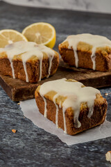 lemon pudding cut on wood ready to eat