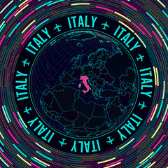 Italy on globe. Satellite view of the world centered on Italy. Bright neon style. Futuristic radial bricks background. Captivating vector illustration.