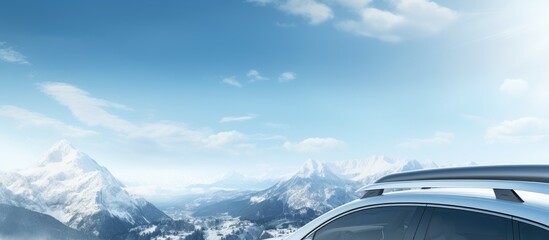 Beautiful view of sunny snowcapped mountains with skis fastened on car roof rails in the foreground. Copy space image. Place for adding text or design - obrazy, fototapety, plakaty