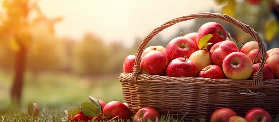 Basket full of ripe apples against apple orchard. Copy space image. Place for adding text or design