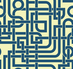 Abstract geometric composition of intersecting blue lines on a white background. Metro map style. Tangles pipes. Connection concept. Modern texture. Seamless repeating pattern. Vector illustration.