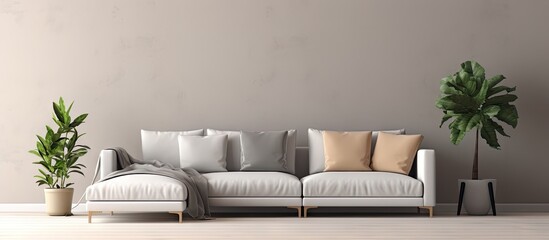 Beige comfortable corner sofa with grey pillows in elegant living room interior with white wall. Copy space image. Place for adding text or design - obrazy, fototapety, plakaty