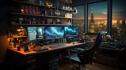 Ultra-modern study with an impressive view of the city at sunset. 