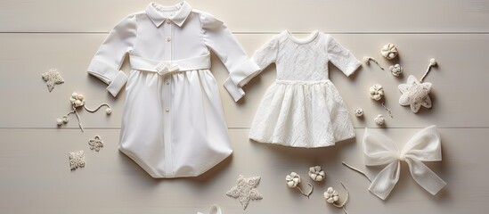 Baptism girl clothes and accessories in plan. Copy space image. Place for adding text or design